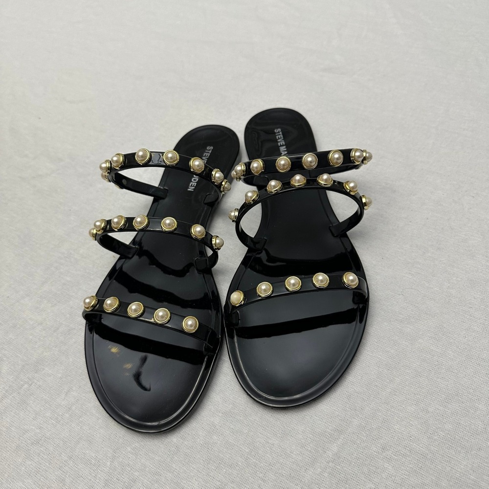 Steve Madden Yalsa Black Pearl Embellished Jelly Flat Sandals Women 9 YALS01S4